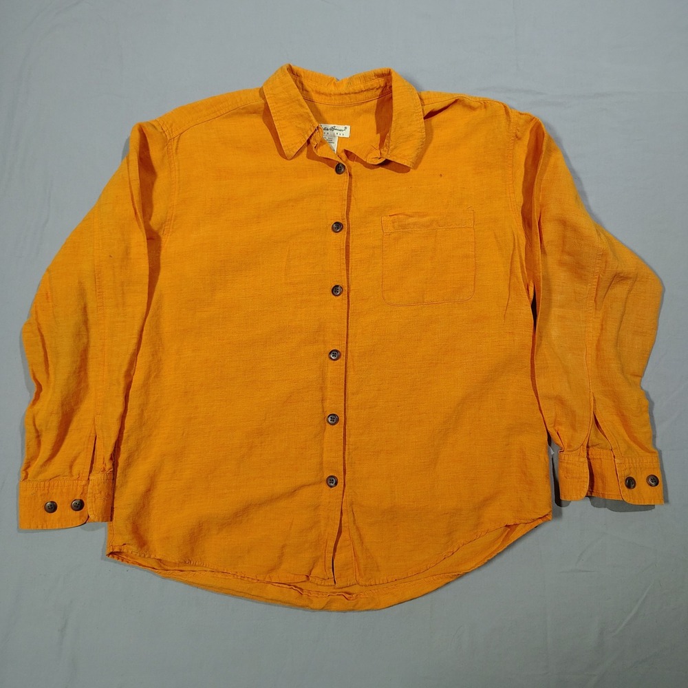 Eddie Bauer Shirt Womens Large Orange Linen Cotton Button Up Long Sleeve Pocket